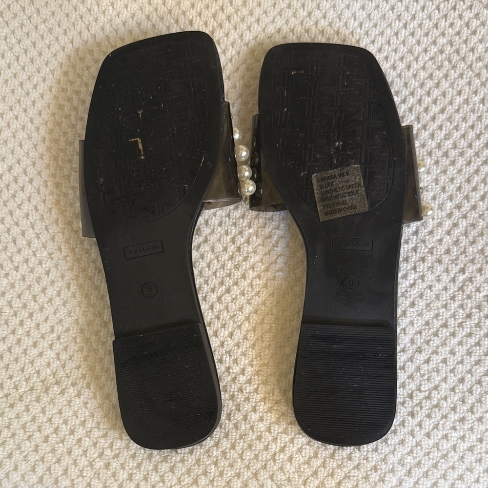 Tahari Black Slide Sandals with Pearl & Crystal Accents - Picture 4 of 7